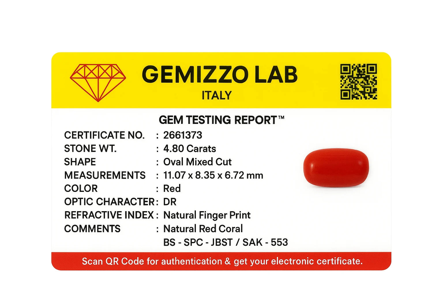 Natural Red Coral (Moonga) 4.8 Ct Certified Mars Mangal Gemstone